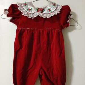 Vtg B.T.Kids Red Cotton Velvet Christmas Baby Girl's Romper sz 6-9 mos